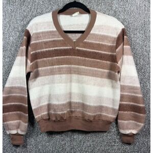 Vintage A Trifle Bit Sweater Brown Stripe‎ Vneck Acrylic Top 70s - Women Medium